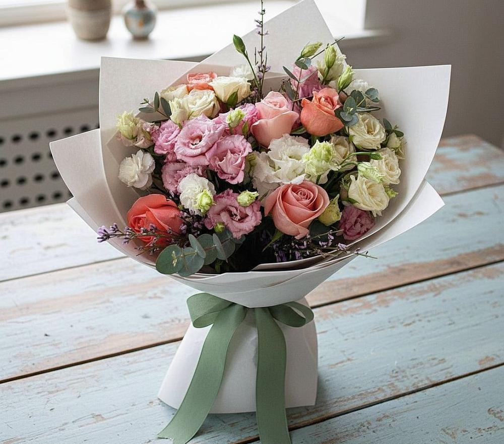 Букет цветов из: Розы, Лизиантусы и Гвоздики в Кумертау