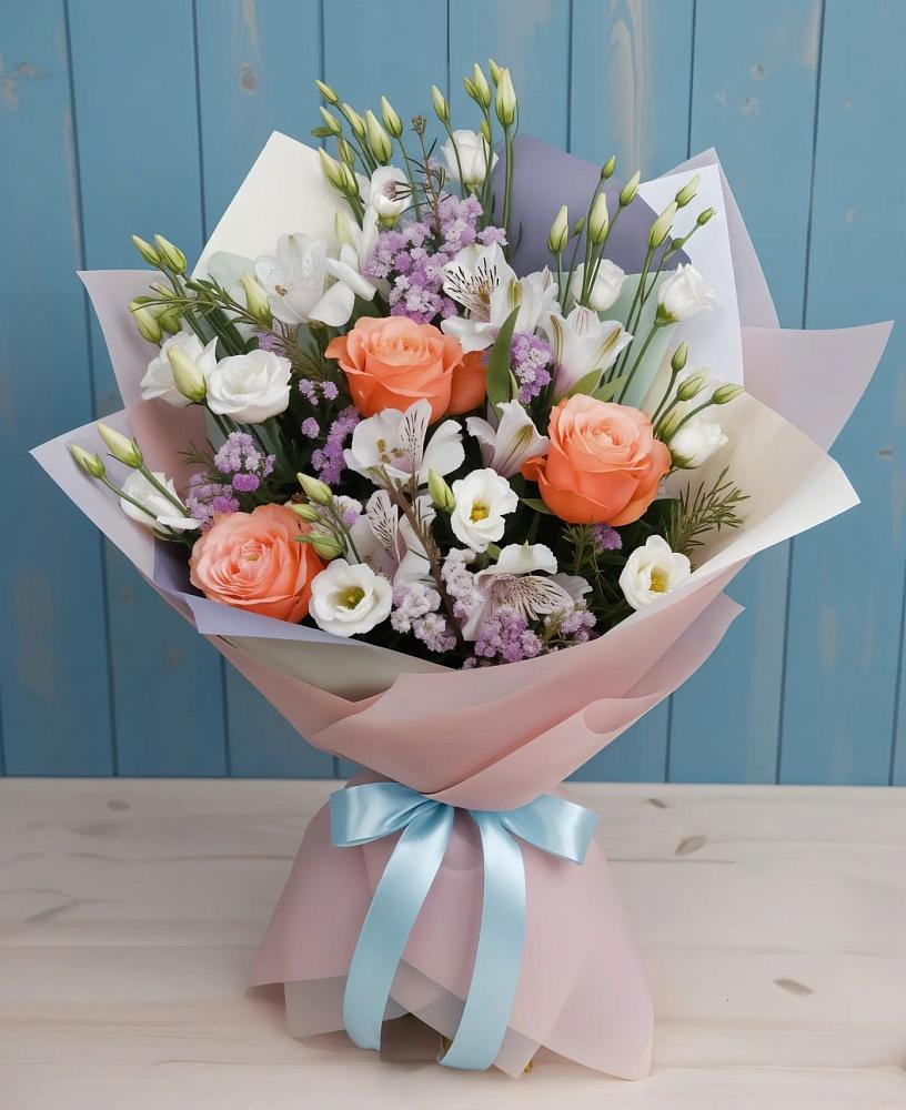Букет цветов из: Лизиантусы, Розы, Альстромерии и Гипсофила в Кумертау
